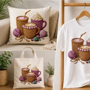 Coffee Cup DTF Transfer on Pillow, Shirt and Tote Bag Knit-style coffee cup DTF heat transfer design applied to a pillow, t-shirt and tote bag