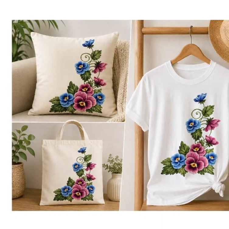 Pink and blue floral DTF heat transfer design applied to a pillow cover and white t-shirt