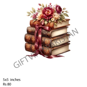 Books and Roses UV DTF Floral Sticker Stack of books with roses UV DTF sticker design