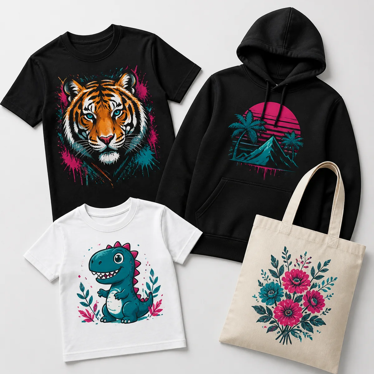 DTF transfers on shirts, hoodie and tote bag