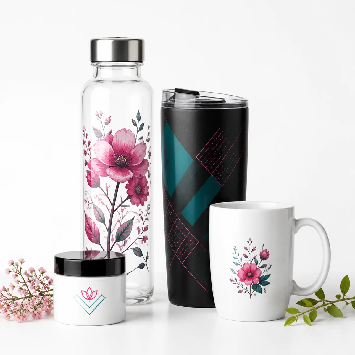 UV DTF designs on bottle, tumbler, mug and cosmetic jar