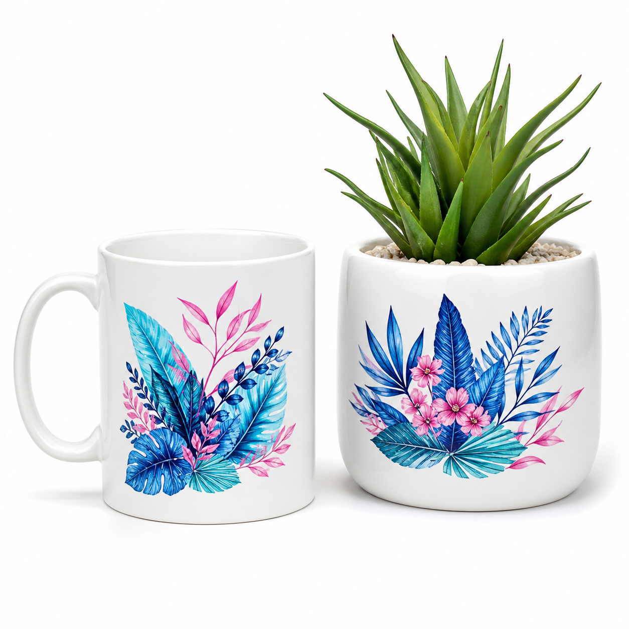 UV DTF transfers on ceramic mug and planter
