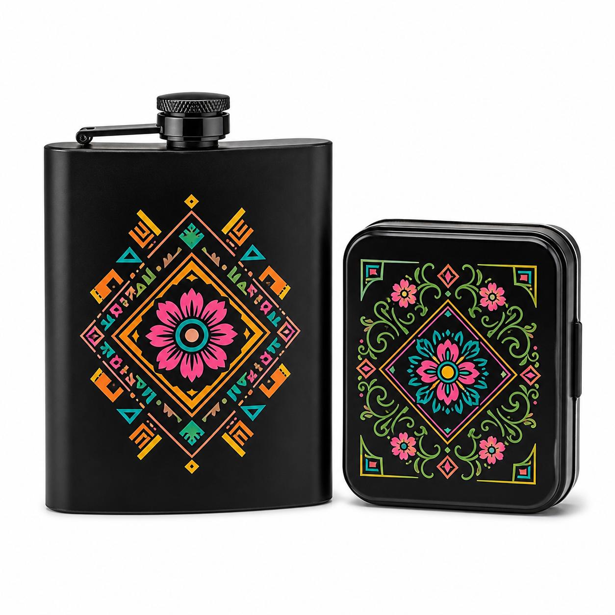 UV DTF transfers on metal flask and tin